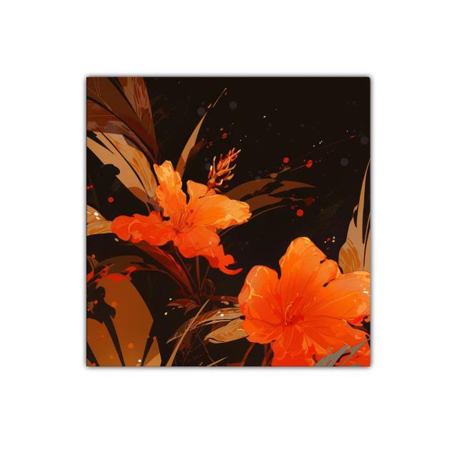 Cuadro floral vibrante en tonos cálidos y oscuros
