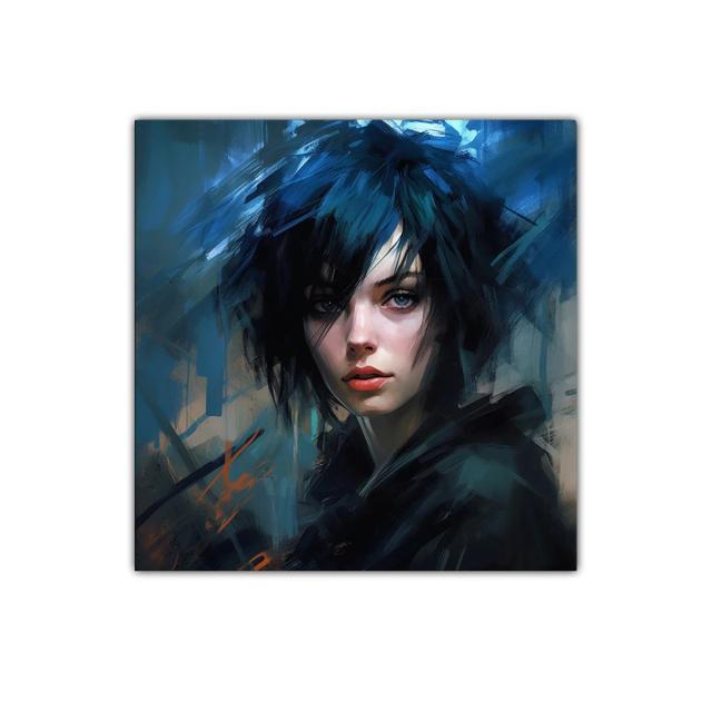 Retrato femenino con cabello azul en estilo contemporáneo
