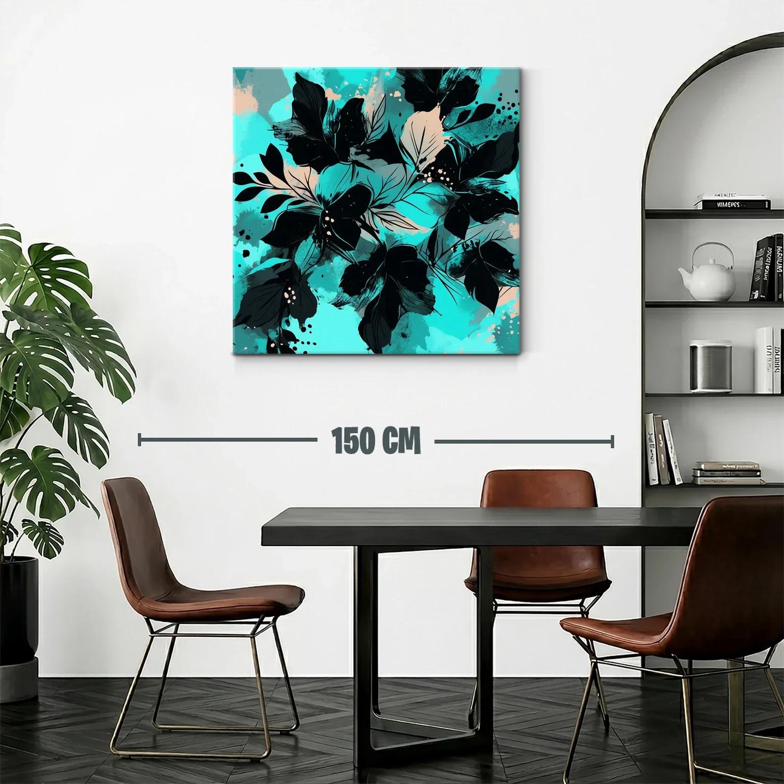 Cuadro moderno con motivos florales en tonos turquesa y negro — miniatura 2