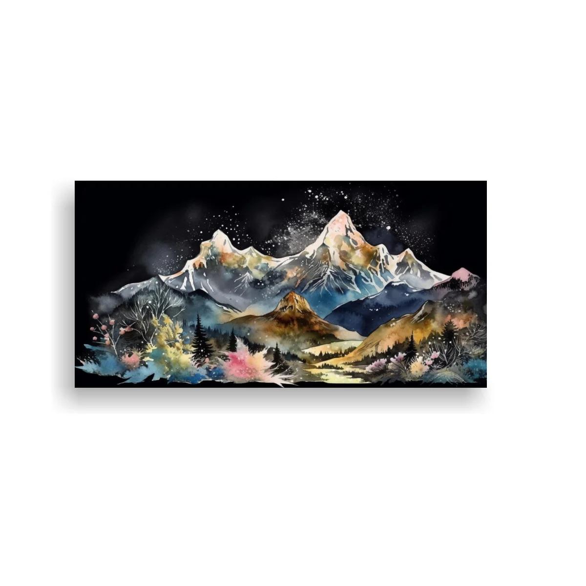 Cuadro cordillera de montañas nevadas con salpicaduras de color