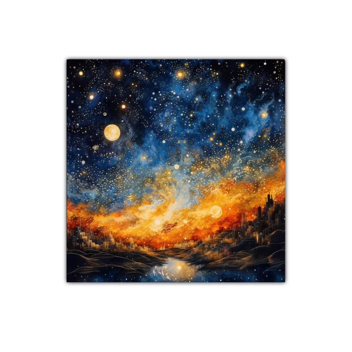 Cielo estrellado sobre ciudad iluminada al atardecer