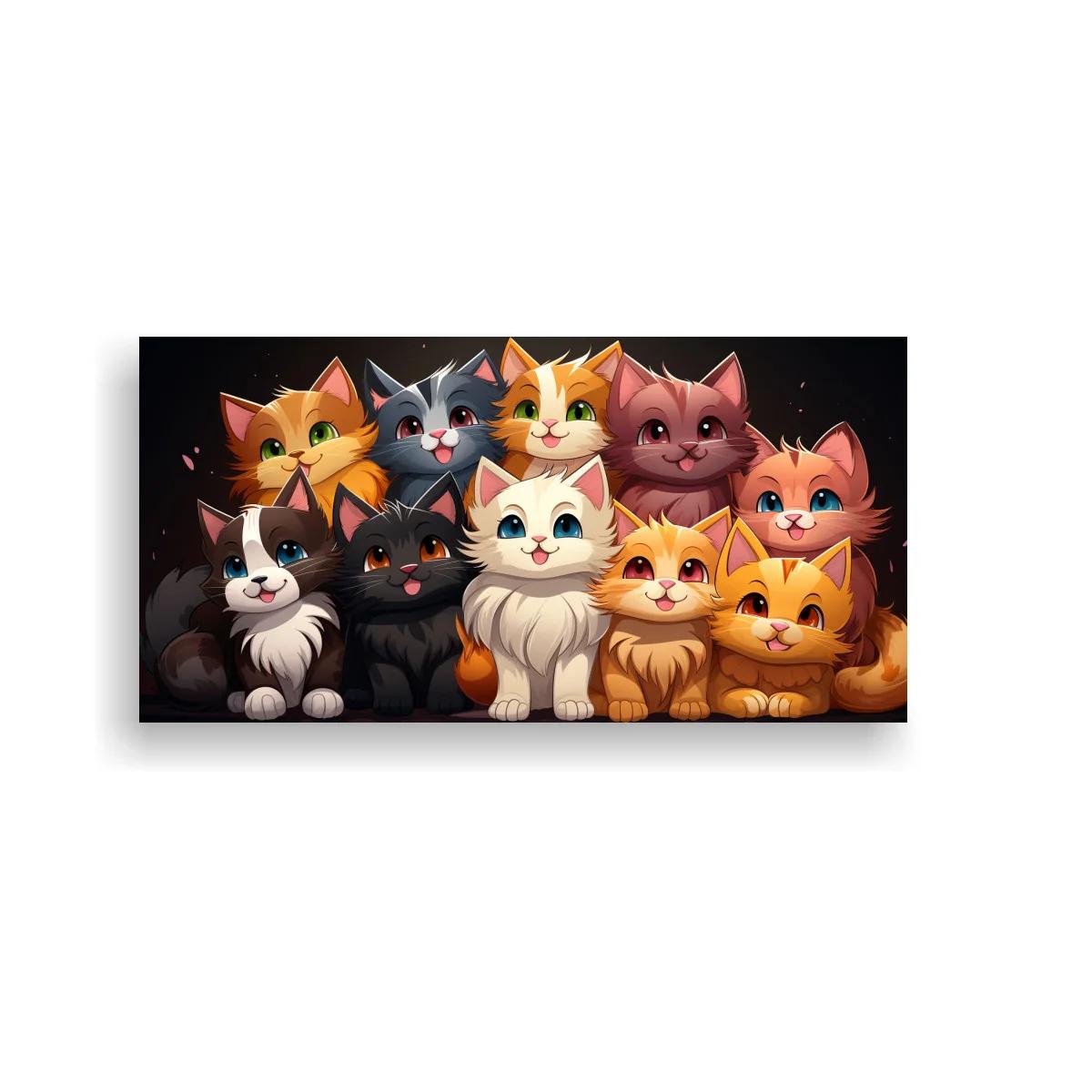 Cuadro grupo de gatos en fila sobre fondo oscuro
