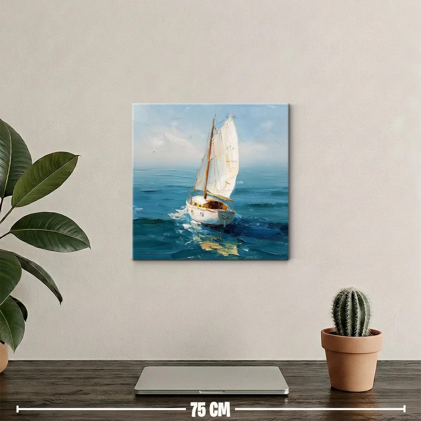 Vela blanca surcando el mar en tonos azules y celestes — miniatura 2