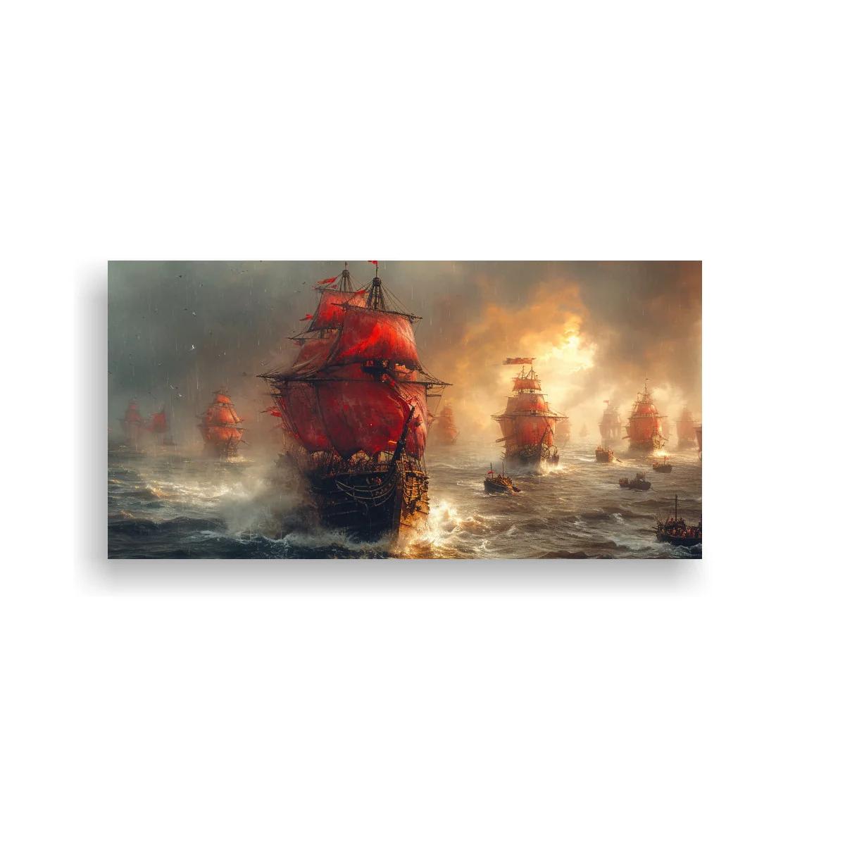 Cuadro galeón de velas rojas con mar agitado