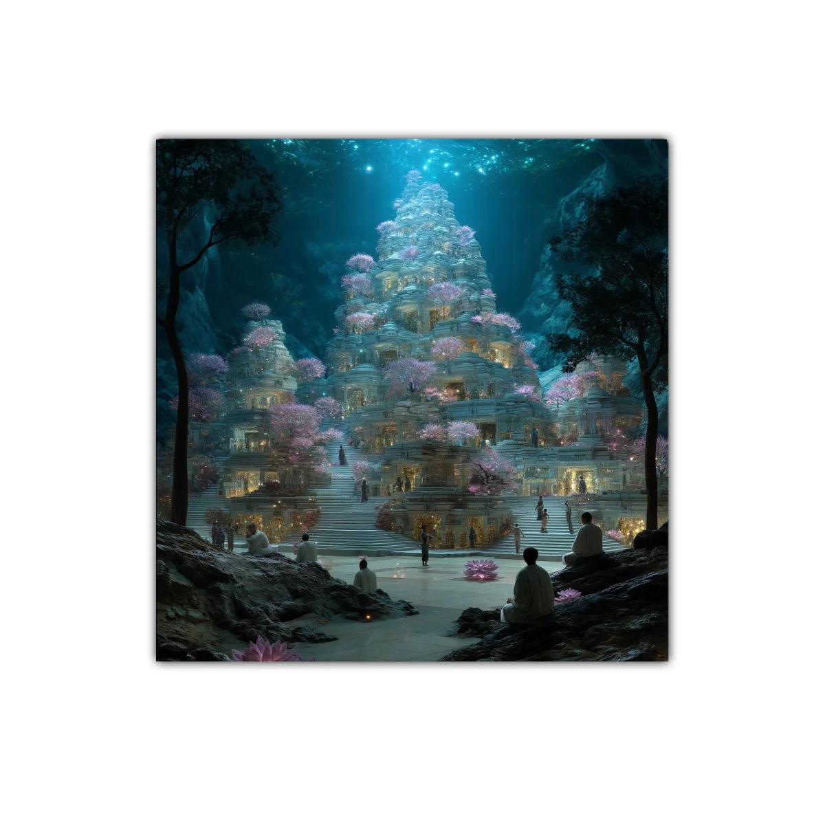 Templo místico iluminado entre árboles y flores rosadas — imagen principal