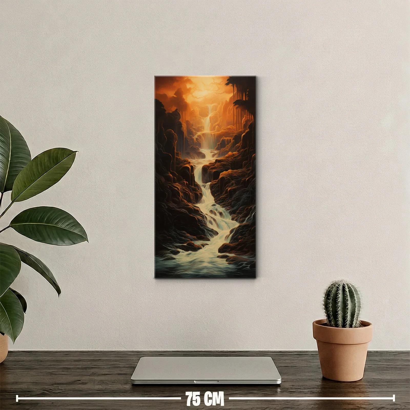 Cuadro cascada entre rocas oscuras con resplandor cálido — miniatura 2
