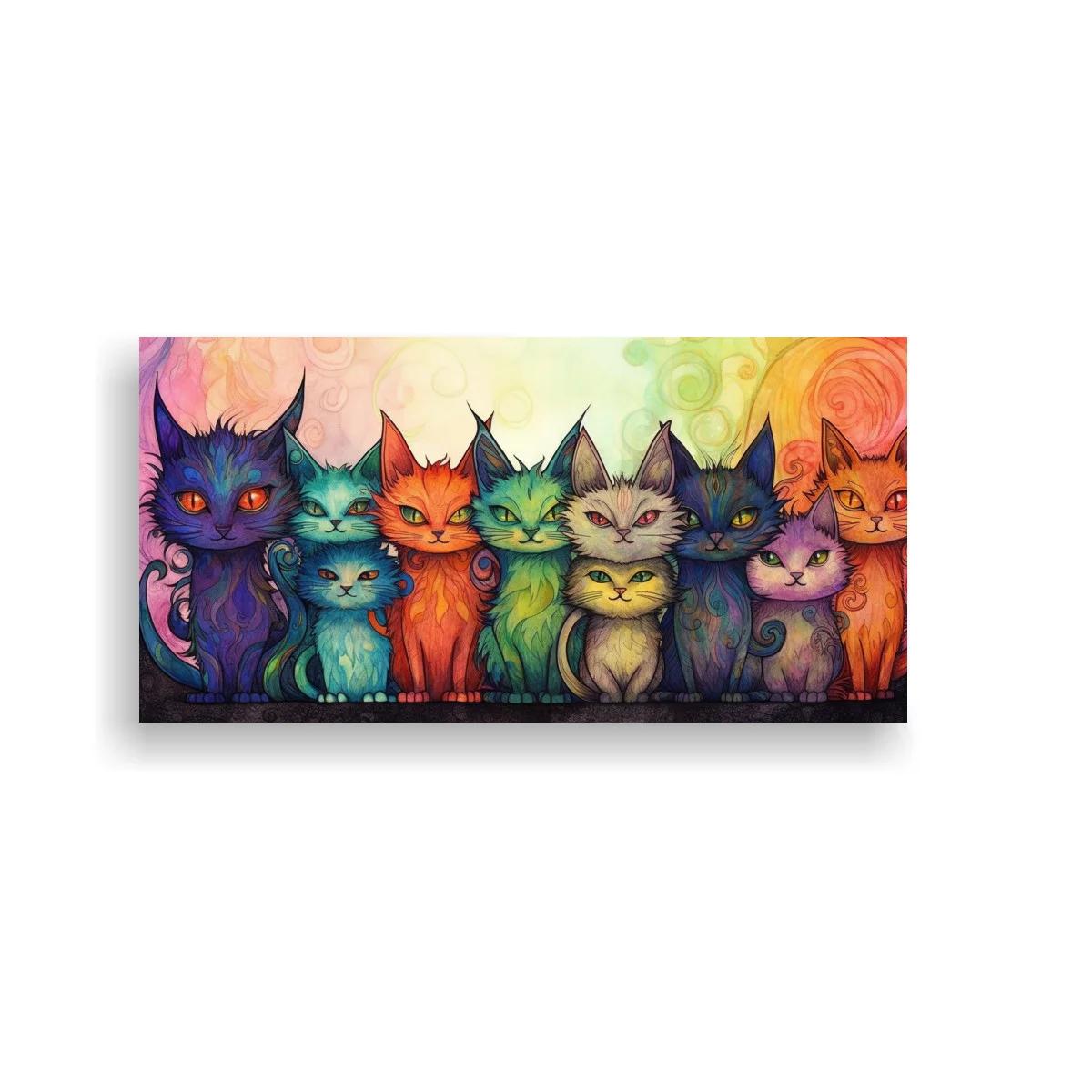 Cuadro grupo de gatos de colores en fila horizontal — imagen principal