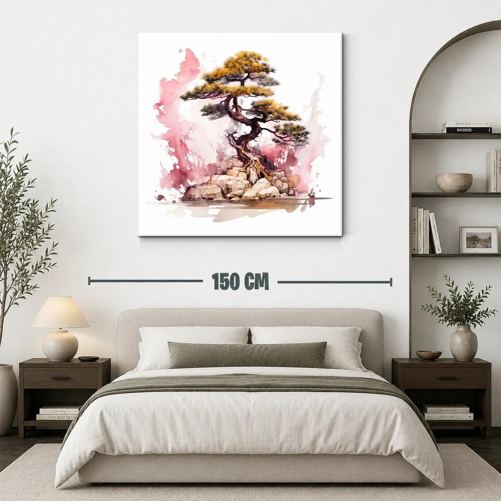 Árbol bonsái sobre rocas con fondo acuarelado rosa — miniatura 3