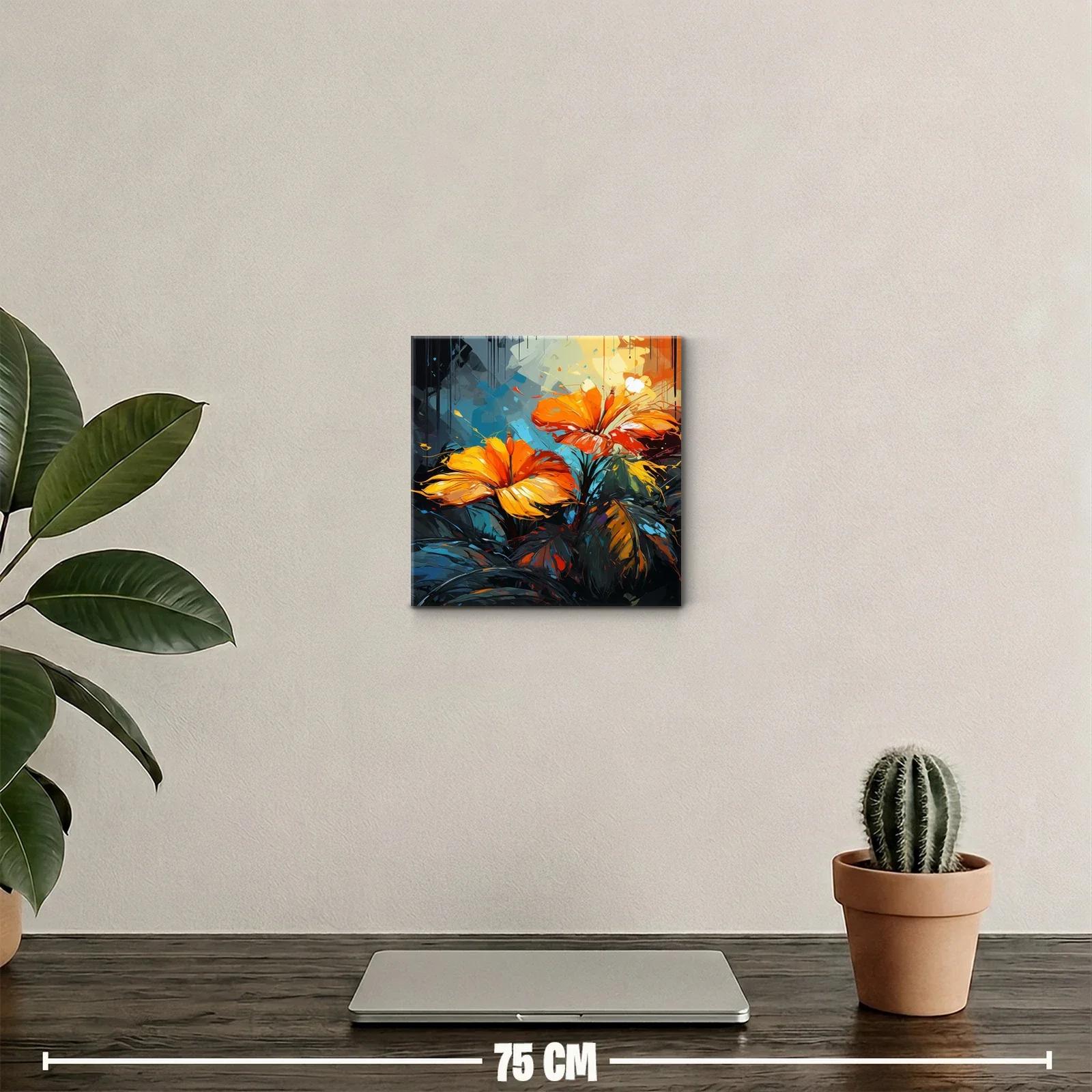 Cuadro vibrante con flores naranjas y hojas oscuras — miniatura 2