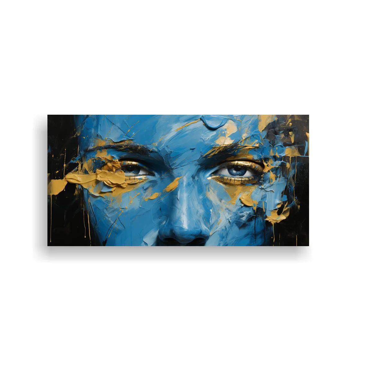Cuadro rostro humano azul con textura espatulada y dorado