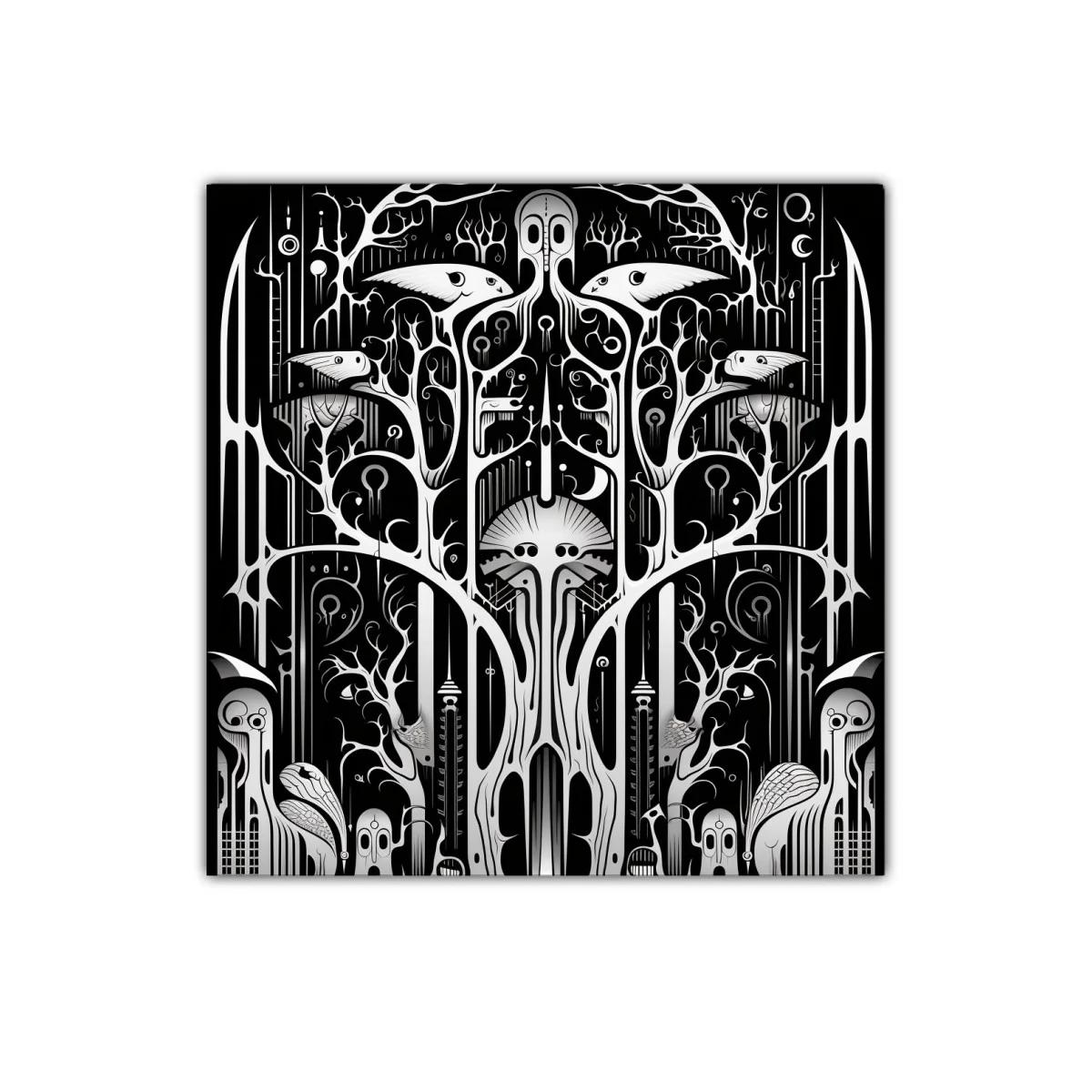 Composición surrealista en blanco y negro con formas orgánicas