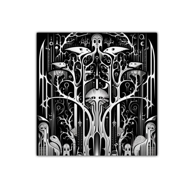 Composición surrealista en blanco y negro con formas orgánicas