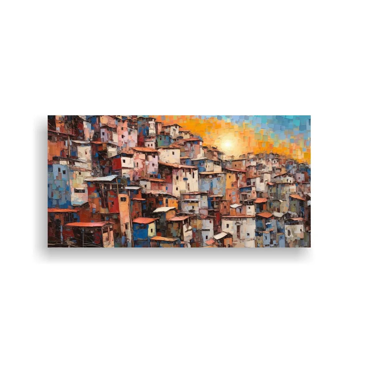 Cuadro barrio de casas apiñadas con sol