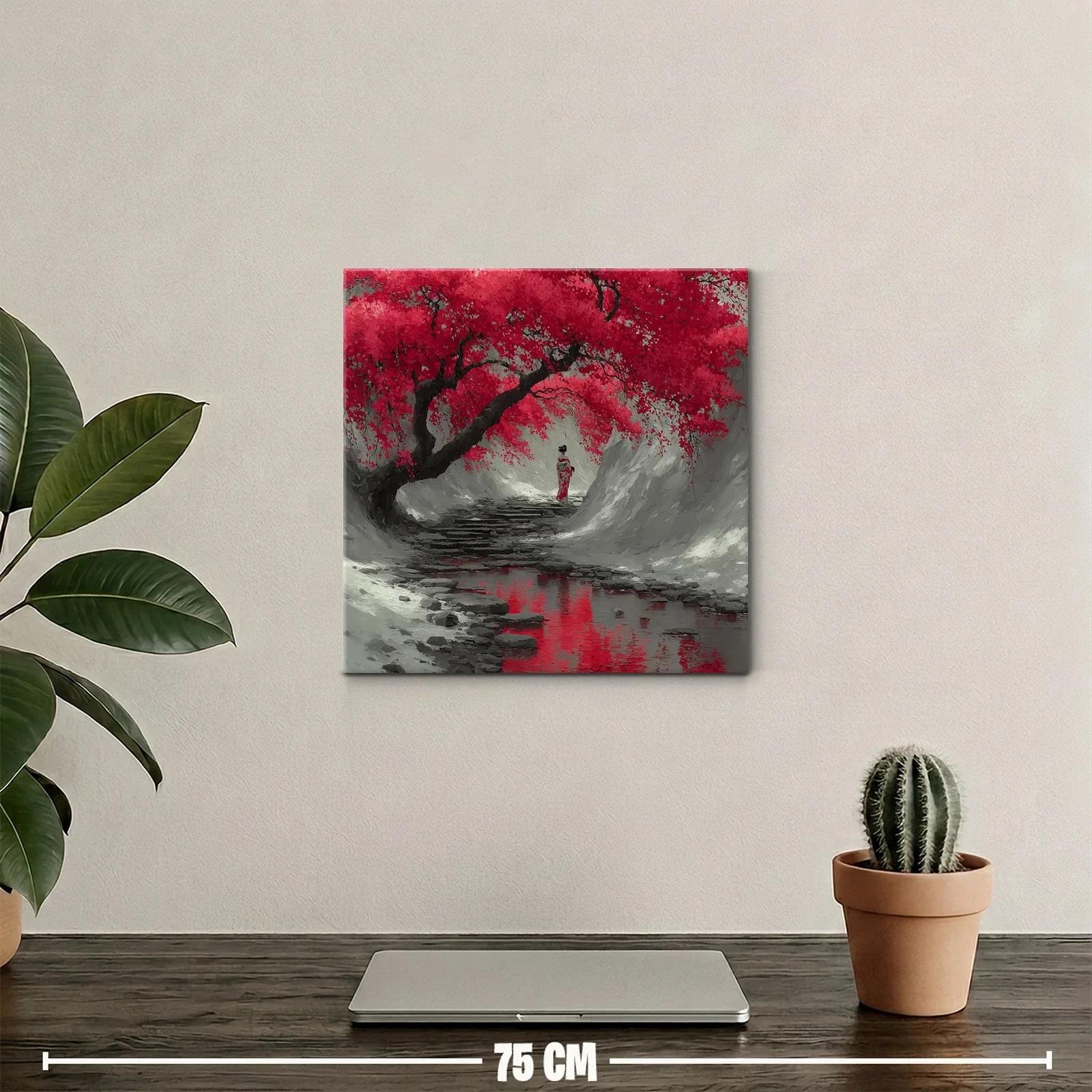 Camino sereno bajo cerezos en flor rojo intenso — miniatura 2