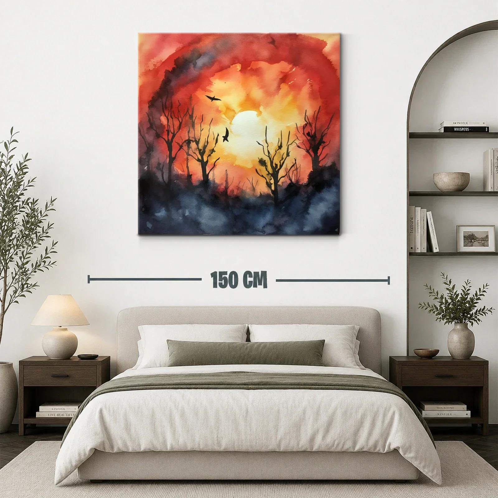 Atardecer vibrante con siluetas de árboles y aves en vuelo — miniatura 3