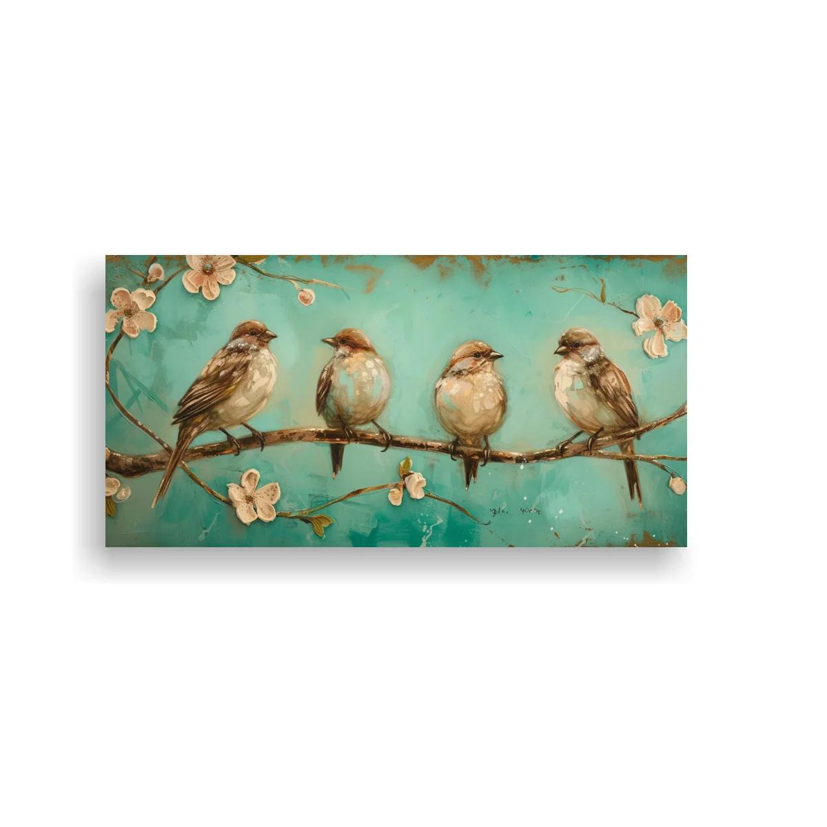 Cuadro cuatro pájaros posados en una rama con flores claras