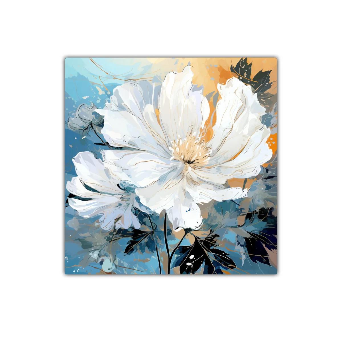 Cuadro decorativo con flores blancas sobre fondo azul y ocre — imagen principal