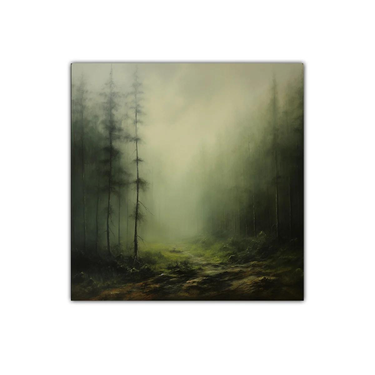Paisaje nebuloso con bosque y camino en tonos verdes