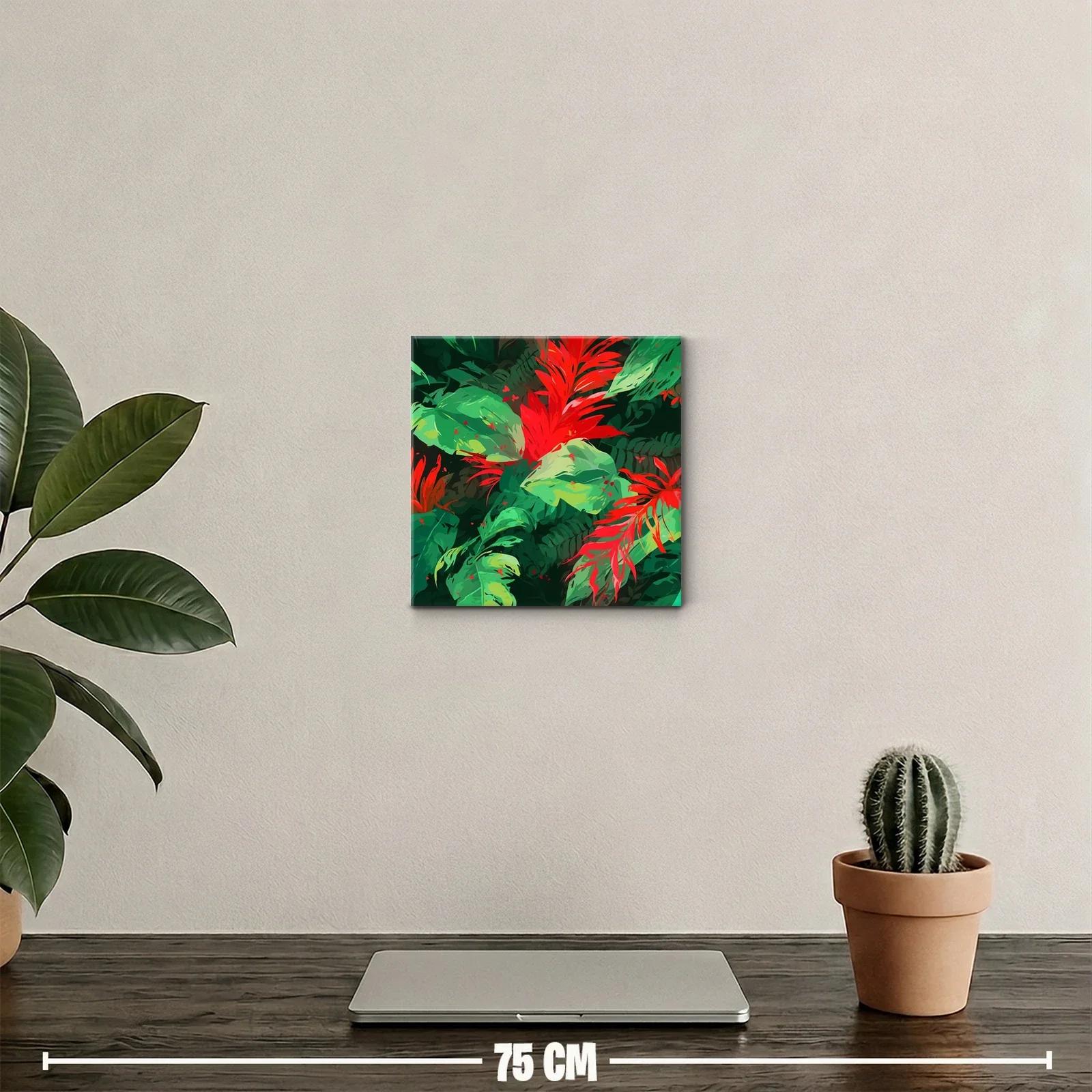 Vibrante cuadro con hojas y flores tropicales rojas y verdes — miniatura 2