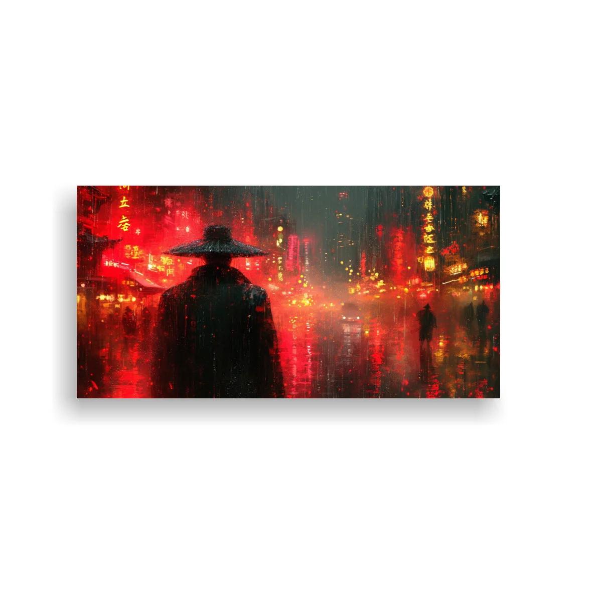 Cuadro figura con sombrero ancho bajo la lluvia y resplandor rojo — imagen principal