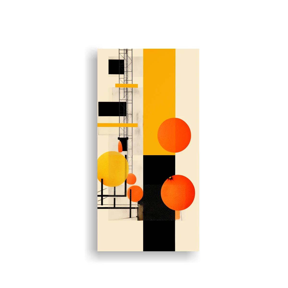 Cuadro abstracto geométrico con bloque negro y círculos naranjas — imagen principal