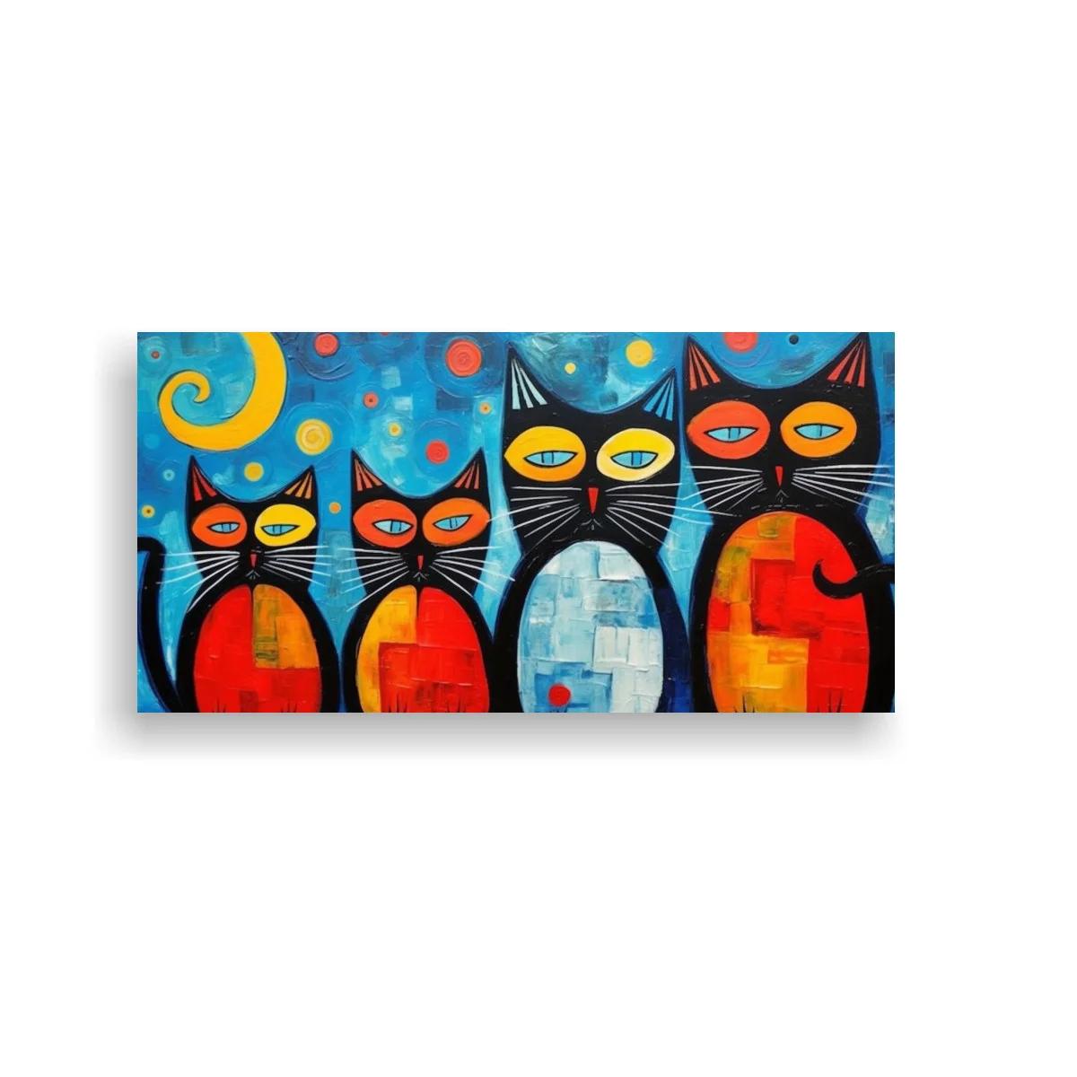 Cuadro familia de gatos negros con luna amarilla