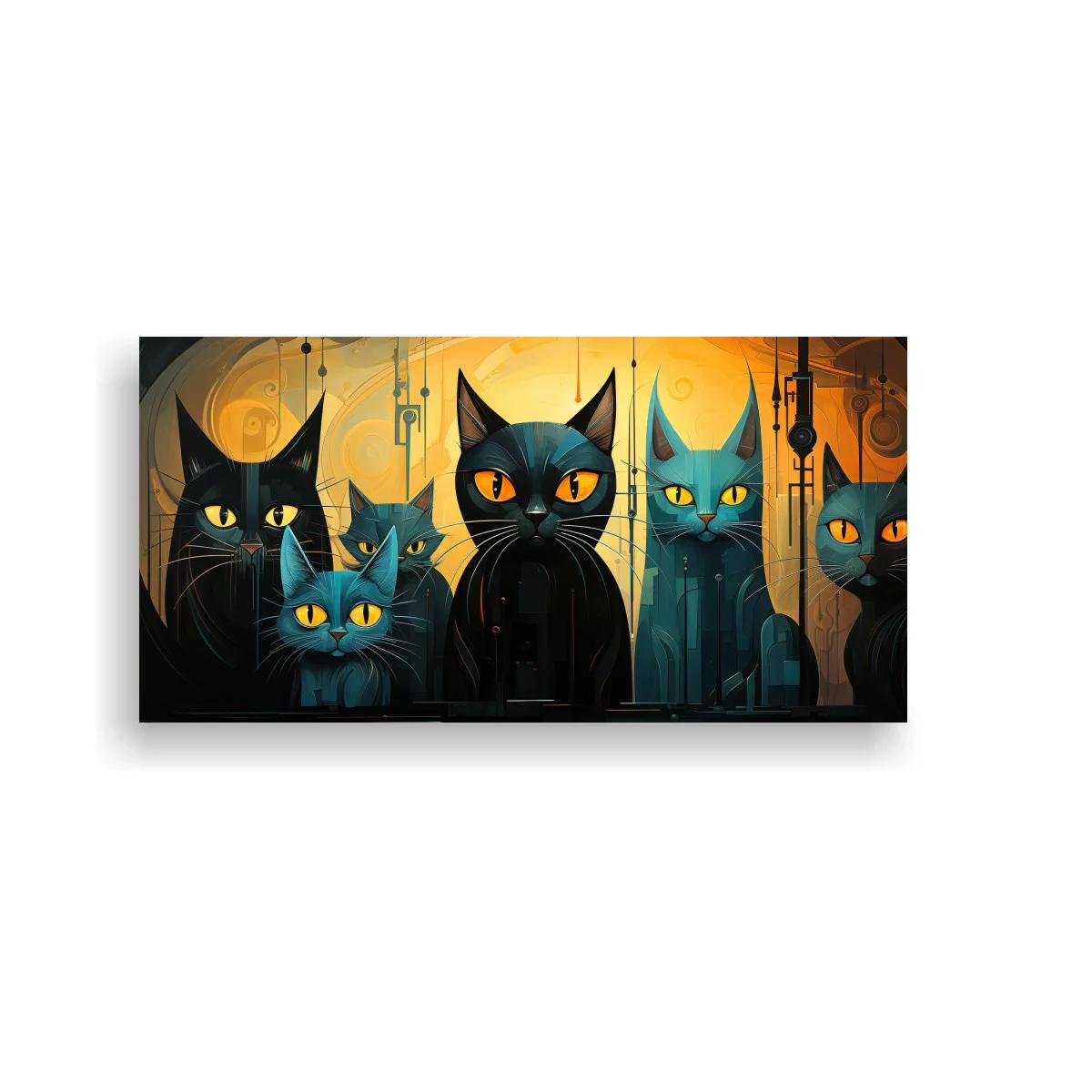 Cuadro gatos negros y azules con luna grande y faroles