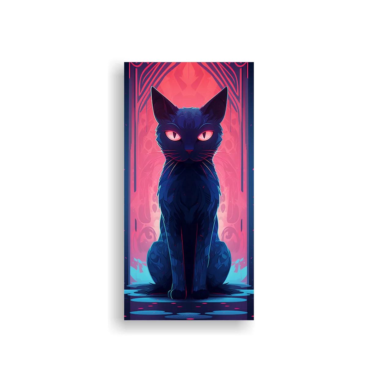 Cuadro gato negro de ojos brillantes con resplandor rosa