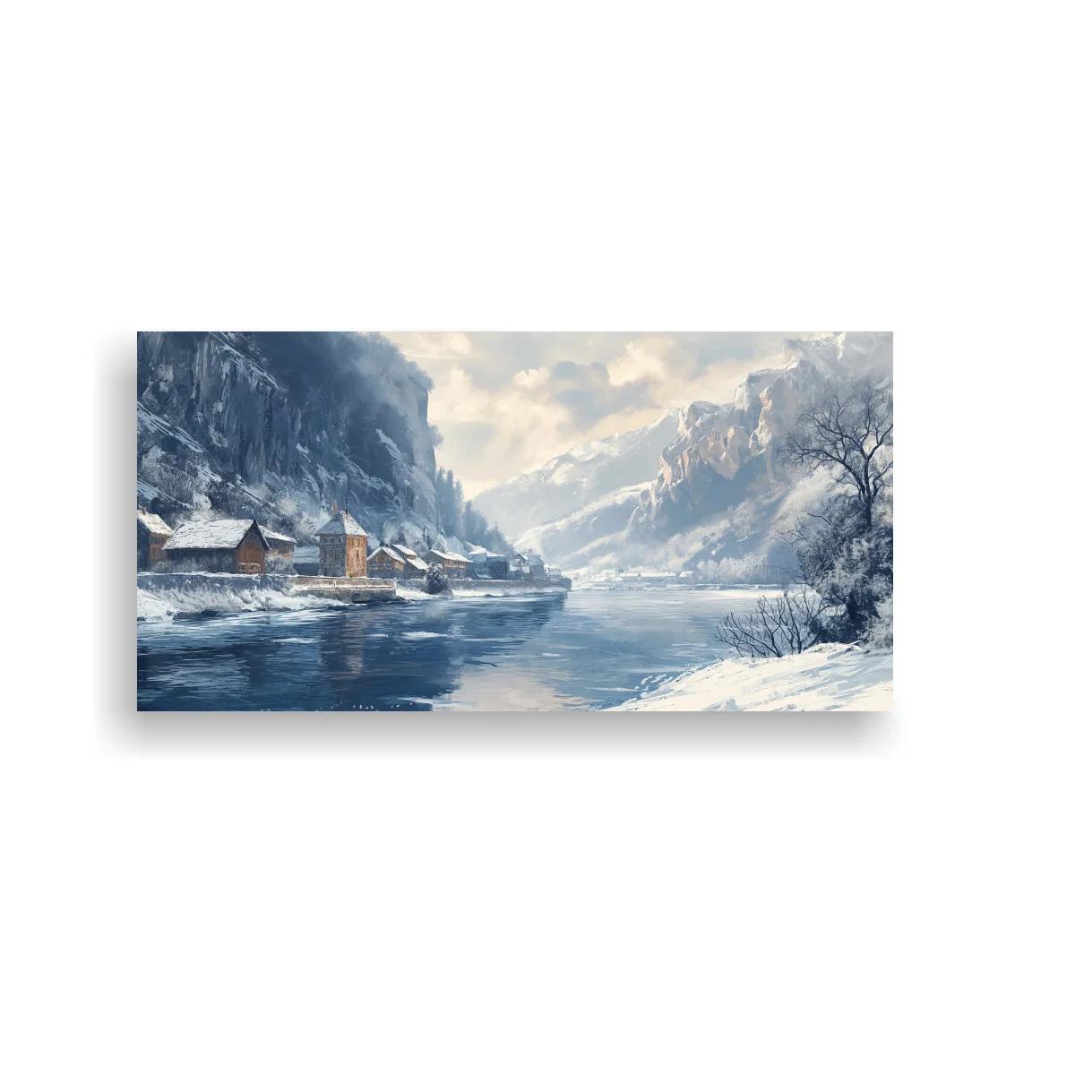 Cuadro paisaje nevado con lago cabañas y árbol desnudo