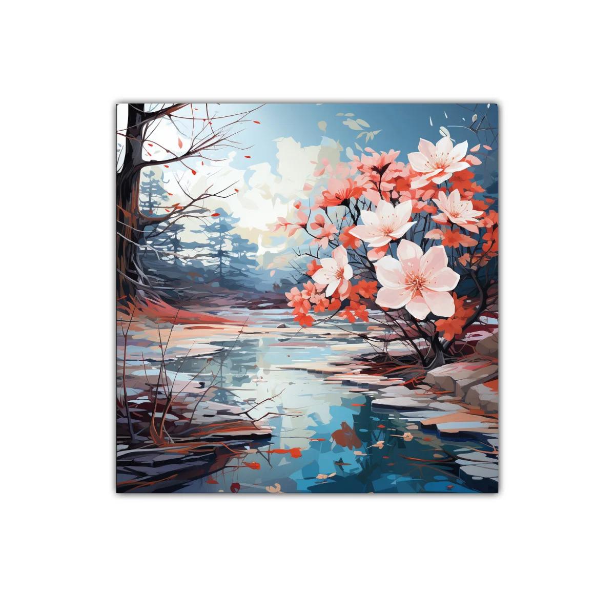 Reflejos de primavera con flores y río sereno