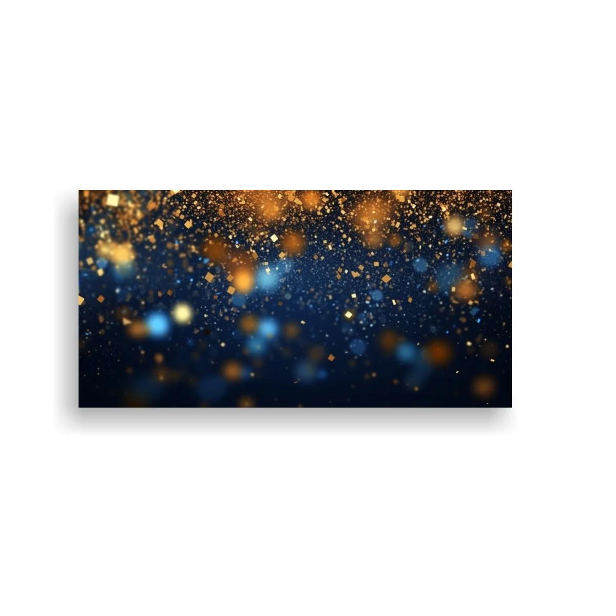 Cuadro de partículas doradas brillantes con bokeh azul