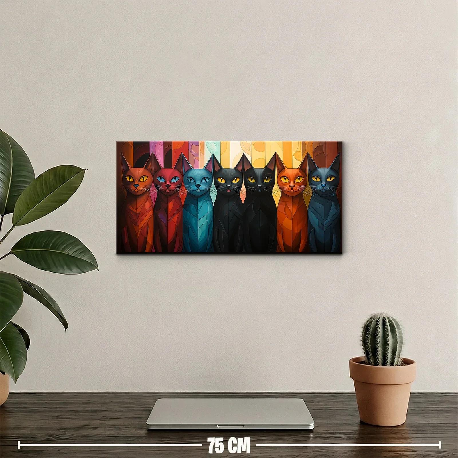 Cuadro fila de gatos sobre un fondo segmentado en formas verticales — miniatura 2