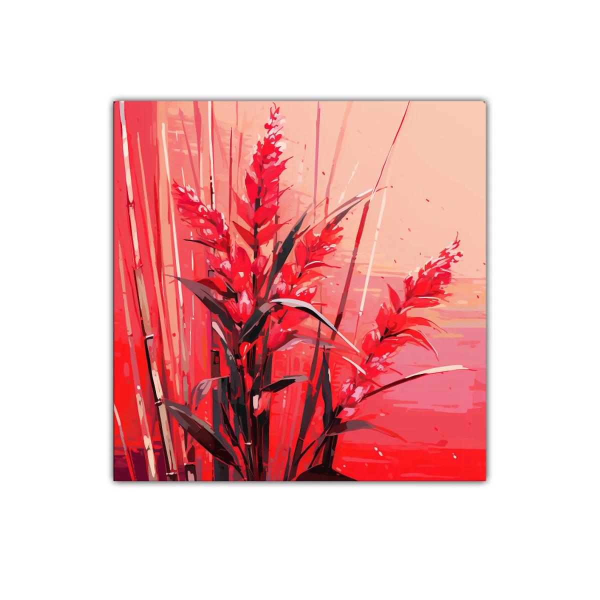 Cuadro decorativo con ramas florales en tonos rojos vibrantes