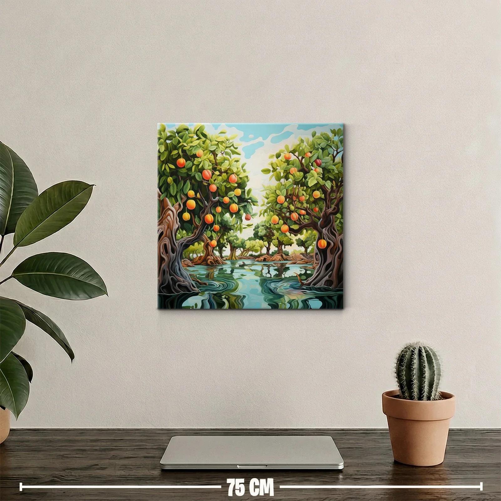Cuadro de paisaje con árboles frutales y agua serena — miniatura 2