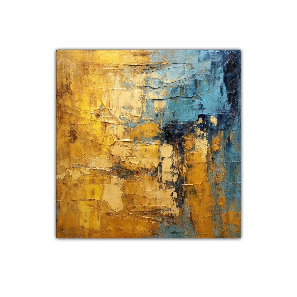Cuadro abstracto con texturas y tonos dorados y azules