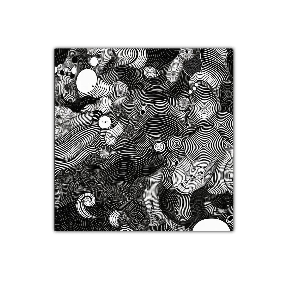 Cuadro abstracto en blanco y negro con líneas onduladas y espirales — imagen principal