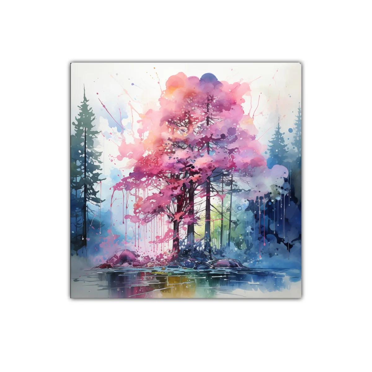 Bosque onírico con árboles rosas y reflejos en agua — imagen principal