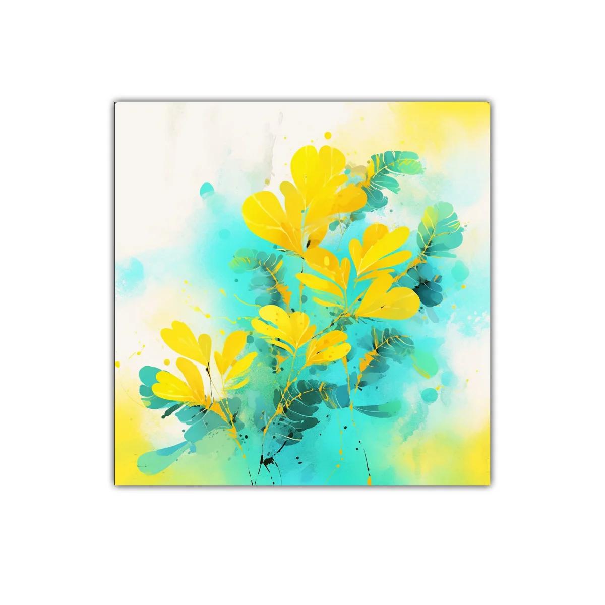 Cuadro decorativo con motivos florales en tonos amarillos y turquesa — imagen principal
