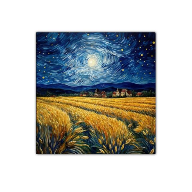 Paisaje nocturno con campo de trigo y cielo estrellado