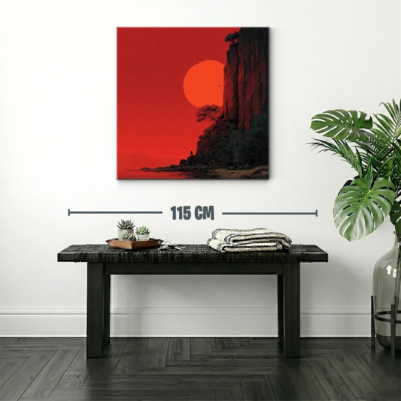 Paisaje dramático con sol rojo y acantilados rocosos — miniatura 2