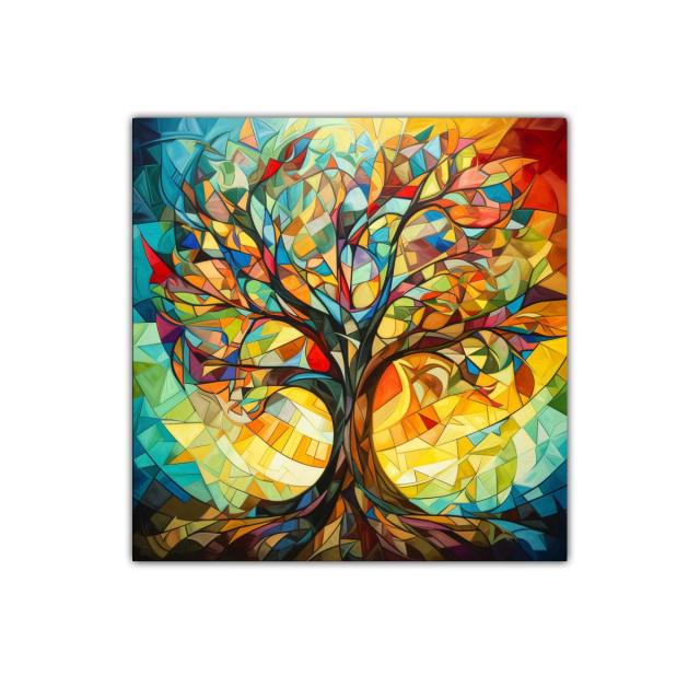 Árbol colorido con formas geométricas vibrantes