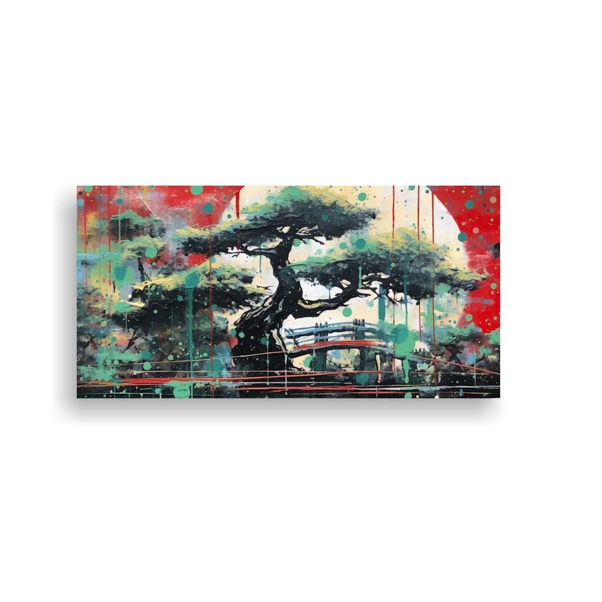 Cuadro árbol de acacia con manchas turquesa y rojas