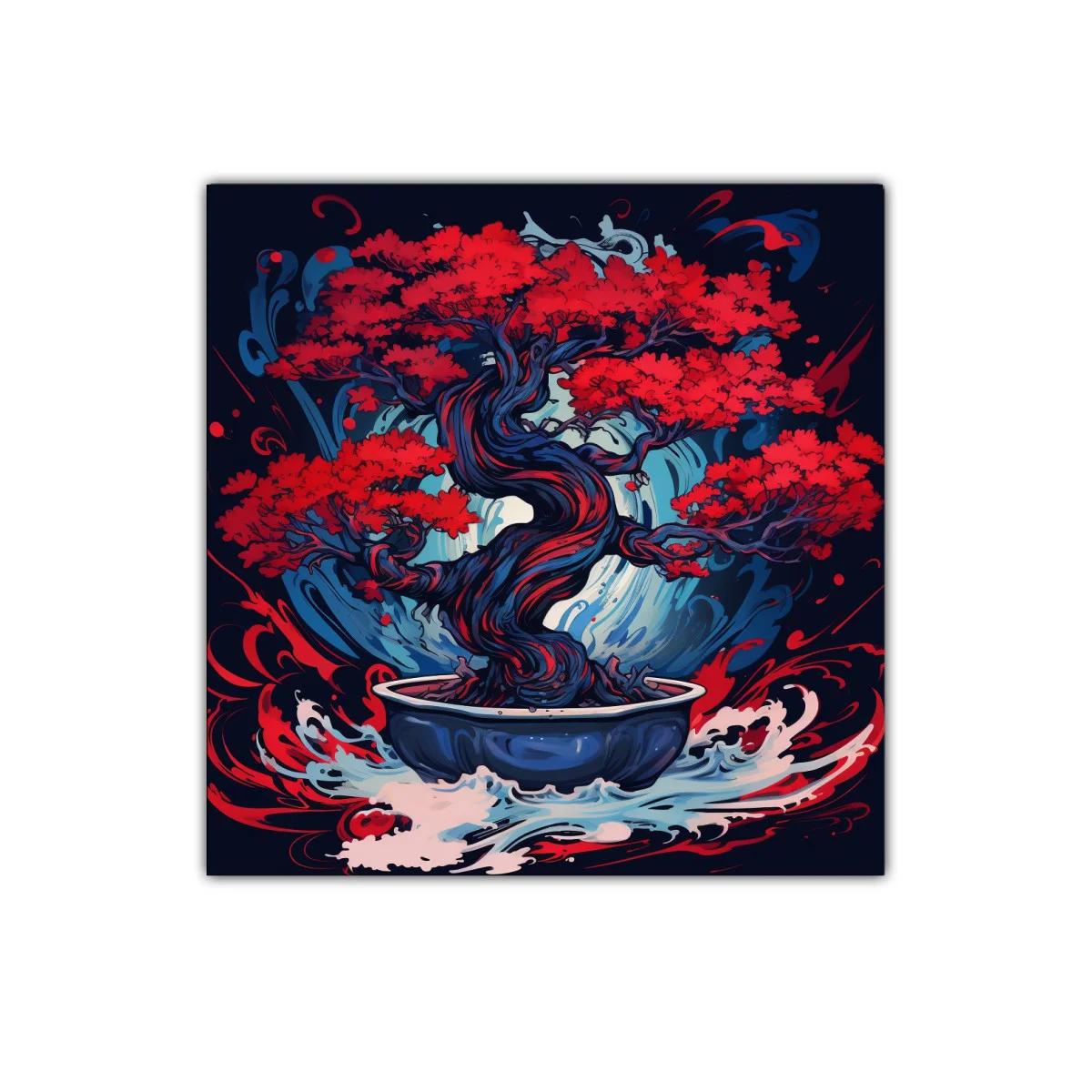 Árbol bonsái en llamas rojas con vibrantes ondas azules — imagen principal