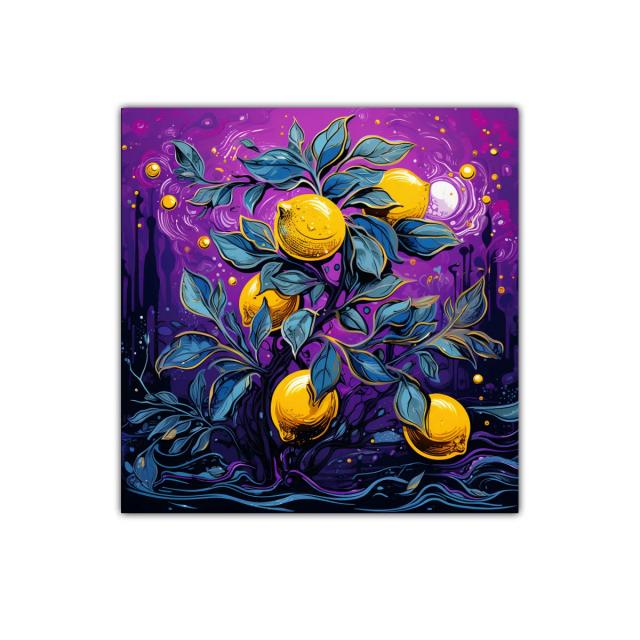 Cuadro decorativo con limones vibrantes sobre fondo púrpura