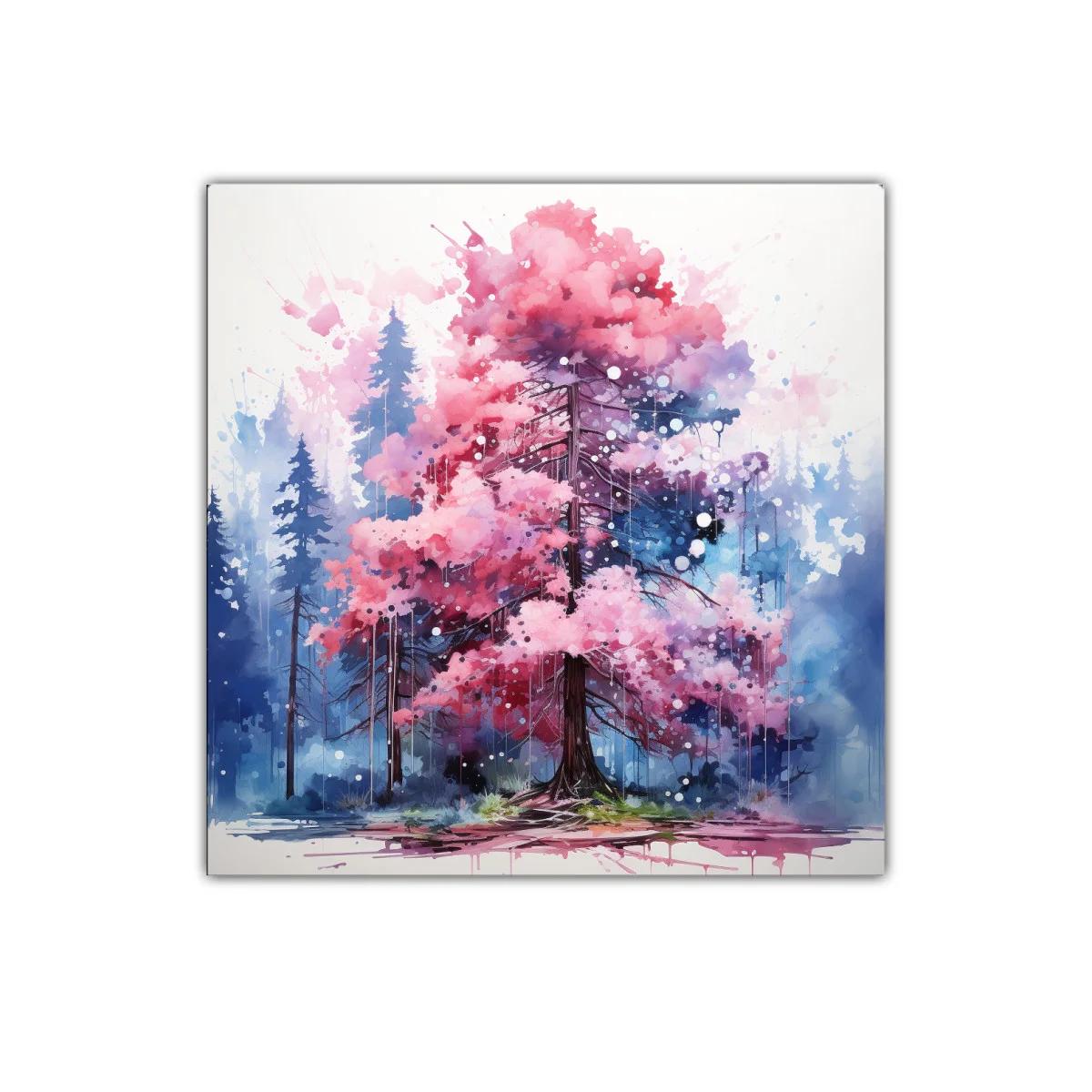 Árbol rosa vibrante en bosque azul nebuloso