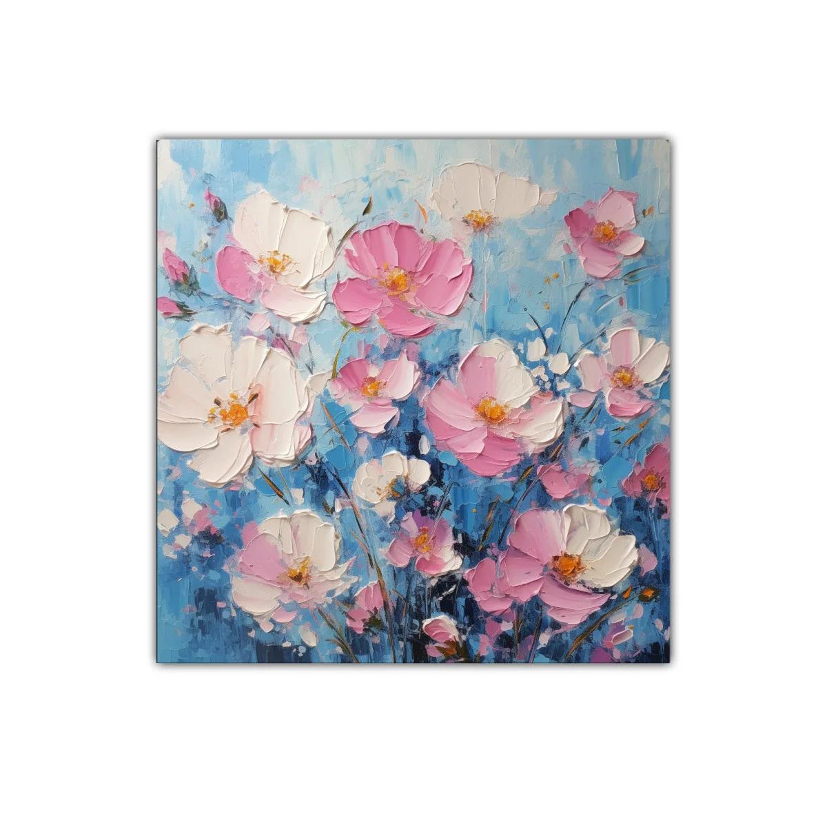 Cuadro decorativo con delicadas flores rosas y blancas sobre fondo azul — imagen principal