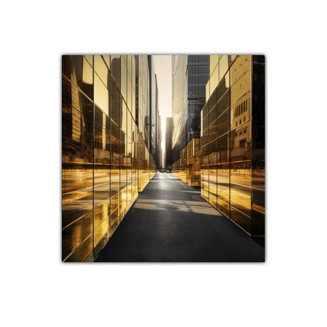 Reflejos dorados en pasaje urbano moderno