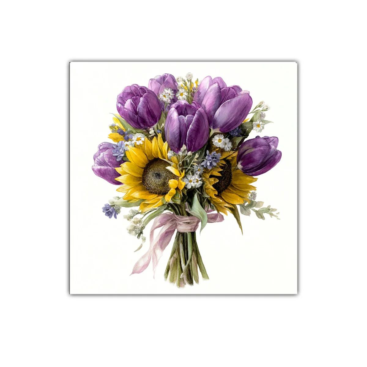 Cuadro ramo floral con girasoles y tulipanes morados