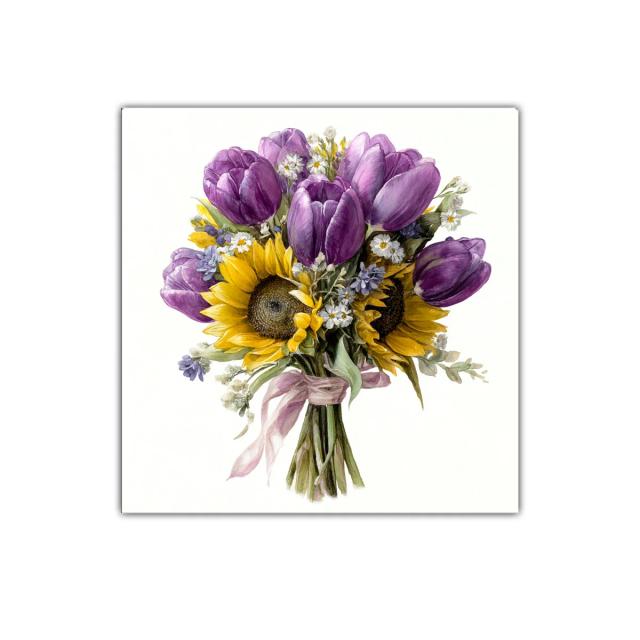 Cuadro ramo floral con girasoles y tulipanes morados