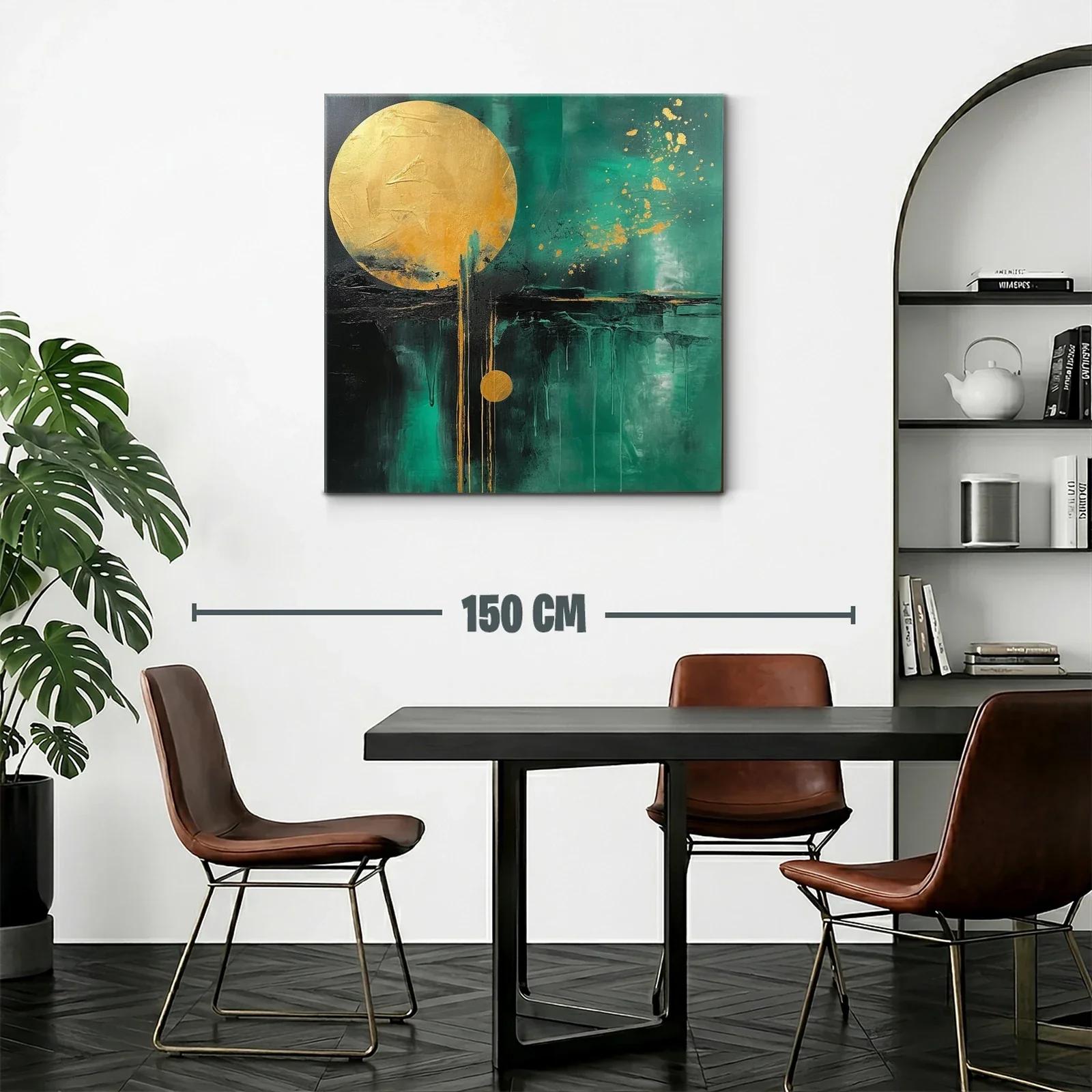 Cuadro abstracto con círculos dorados y fondo verde intenso — miniatura 2